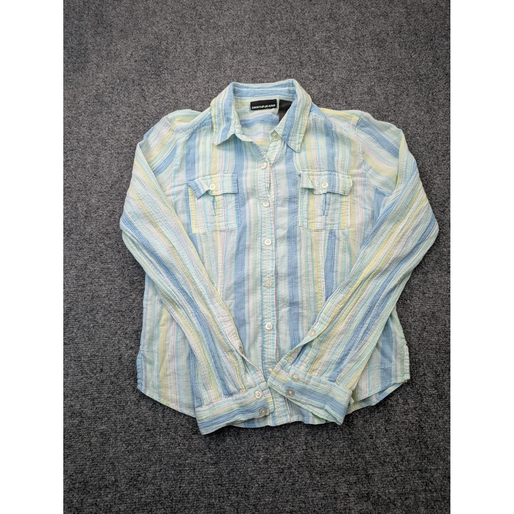 DKNY JEANS Shirt Womens M Blue Striped Long Sleeve Button Up Pockets Casual